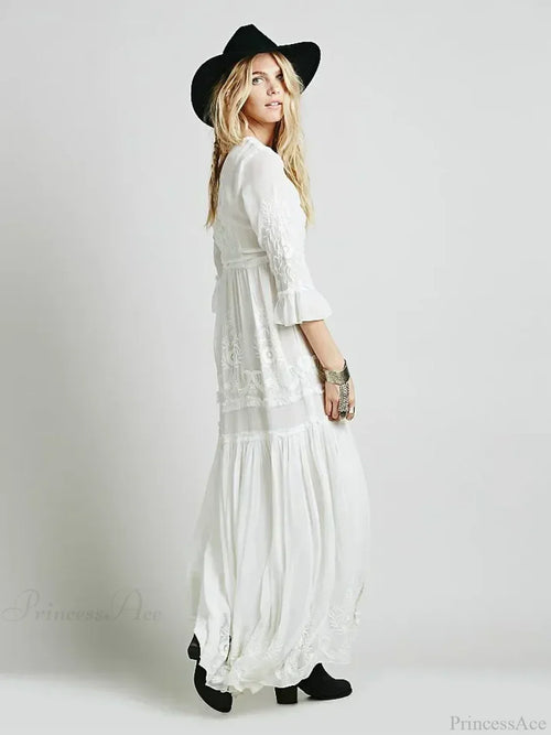 Button Down Hollow Embroidery High Waist Boho Dress image 2