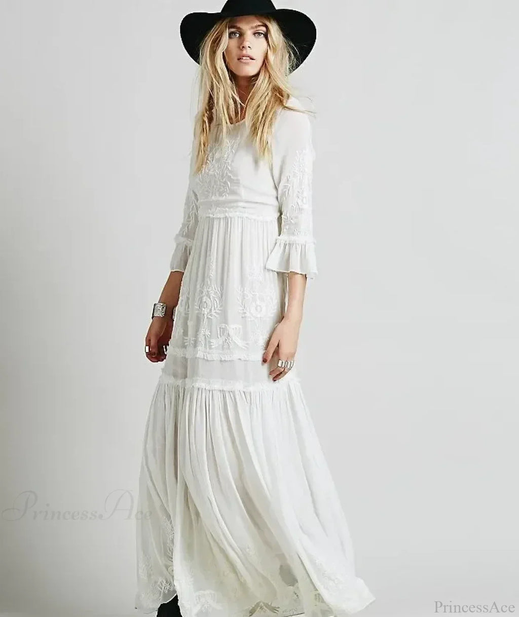 Button Down Hollow Embroidery High Waist Boho Dress image 1