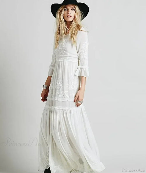 Button Down Hollow Embroidery High Waist Boho Dress image 1