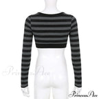 Button Full T Vintage V Crop Top Harajuku Neck Blouse Arm Knitted Women Grunge Tee Striped Y2K Outfits image 8