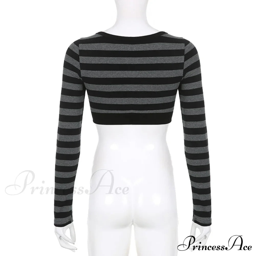 Button Full T Vintage V Crop Top Harajuku Neck Blouse Arm Knitted Women Grunge Tee Striped Y2K Outfits image 8