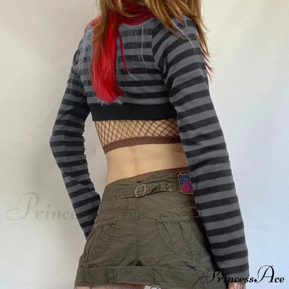 Button Full T Vintage V Crop Top Harajuku Neck Blouse Arm Knitted Women Grunge Tee Striped Y2K Outfits image 3