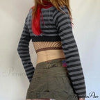 Button Full T Vintage V Crop Top Harajuku Neck Blouse Arm Knitted Women Grunge Tee Striped Y2K Outfits image 3