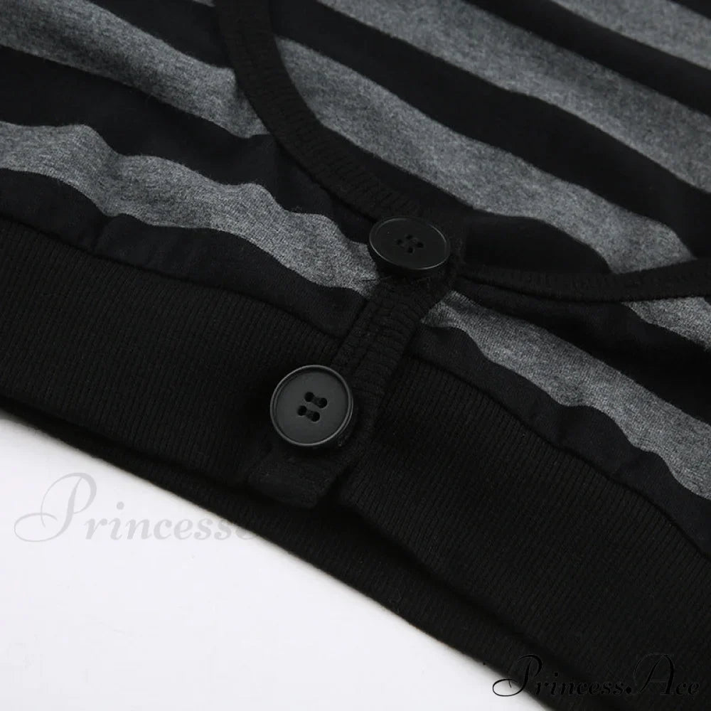 Button Full T Vintage V Crop Top Harajuku Neck Blouse Arm Knitted Women Grunge Tee Striped Y2K Outfits image 11