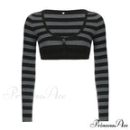 Button Full T Vintage V Crop Top Harajuku Neck Blouse Arm Knitted Women Grunge Tee Striped Y2K Outfits image 6
