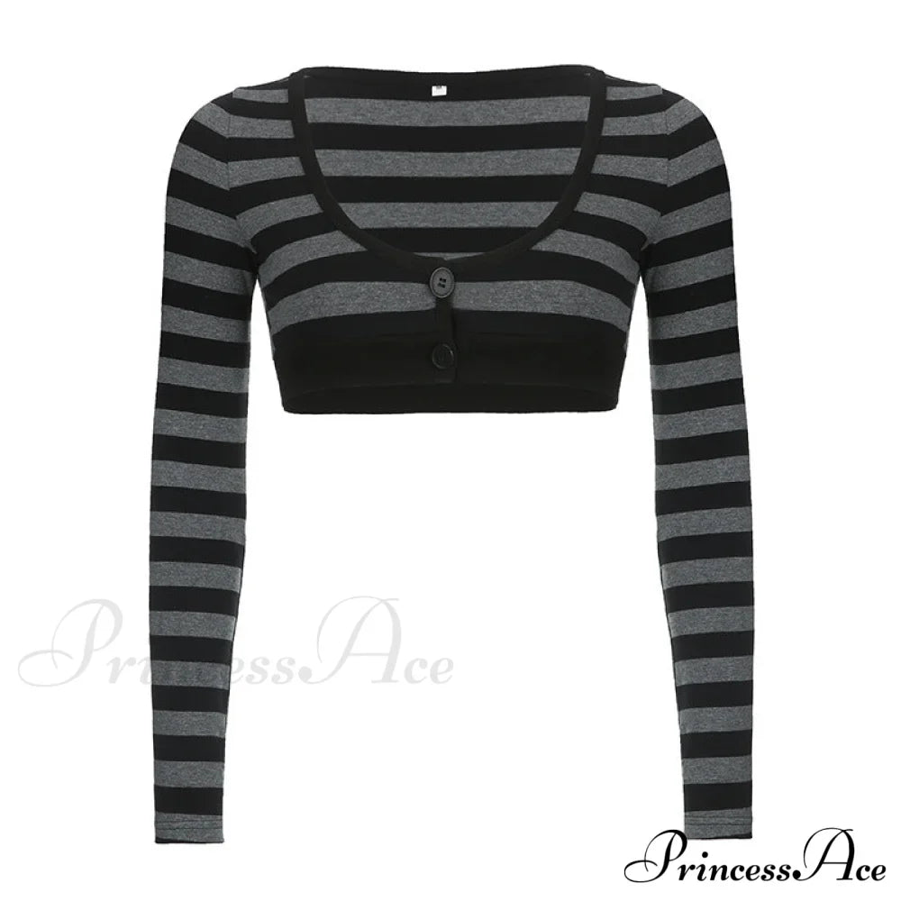Button Full T Vintage V Crop Top Harajuku Neck Blouse Arm Knitted Women Grunge Tee Striped Y2K Outfits image 6
