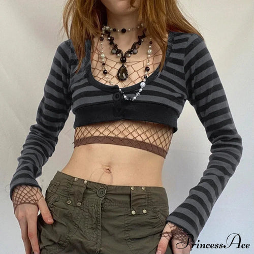 Button Full T Vintage V Crop Top Harajuku Neck Blouse Arm Knitted Women Grunge Tee Striped Y2K Outfits image 1