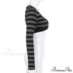 Button Full T Vintage V Crop Top Harajuku Neck Blouse Arm Knitted Women Grunge Tee Striped Y2K Outfits image 7
