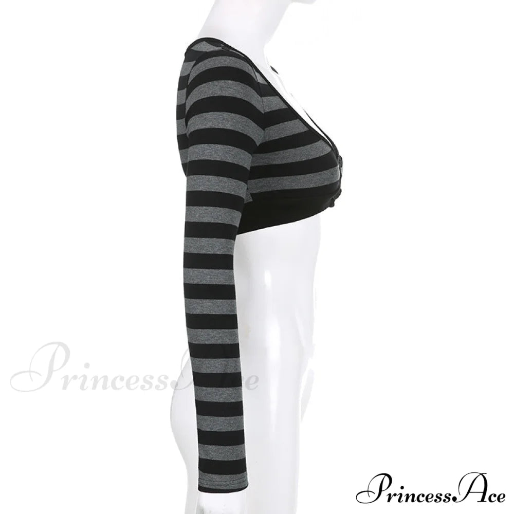 Button Full T Vintage V Crop Top Harajuku Neck Blouse Arm Knitted Women Grunge Tee Striped Y2K Outfits image 7