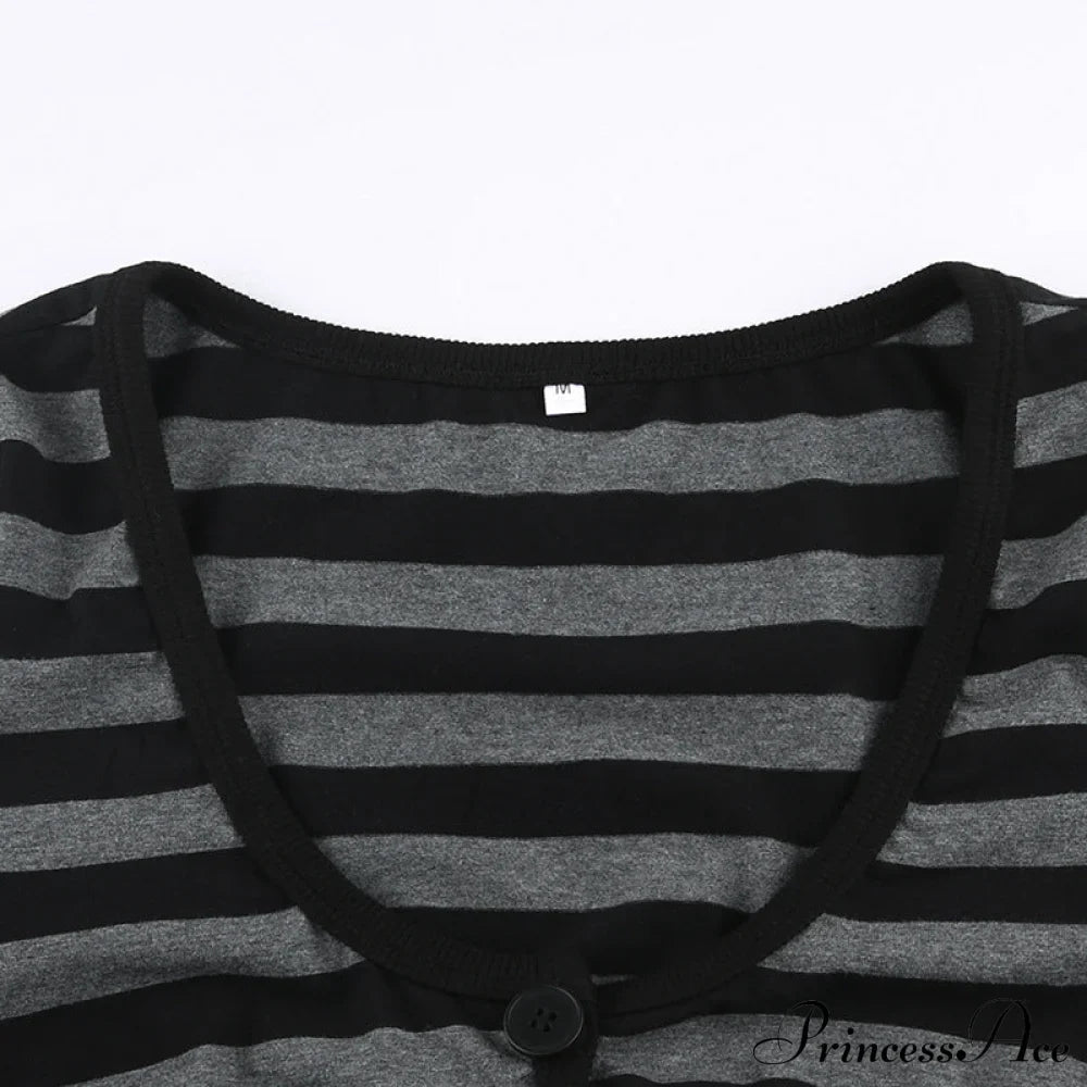 Button Full T Vintage V Crop Top Harajuku Neck Blouse Arm Knitted Women Grunge Tee Striped Y2K Outfits image 9