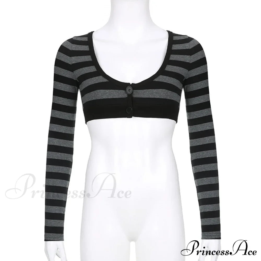 Button Full T Vintage V Crop Top Harajuku Neck Blouse Arm Knitted Women Grunge Tee Striped Y2K Outfits image 4