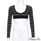 Button Full T Vintage V Crop Top Harajuku Neck Blouse Arm Knitted Women Grunge Tee Striped Y2K Outfits image 4
