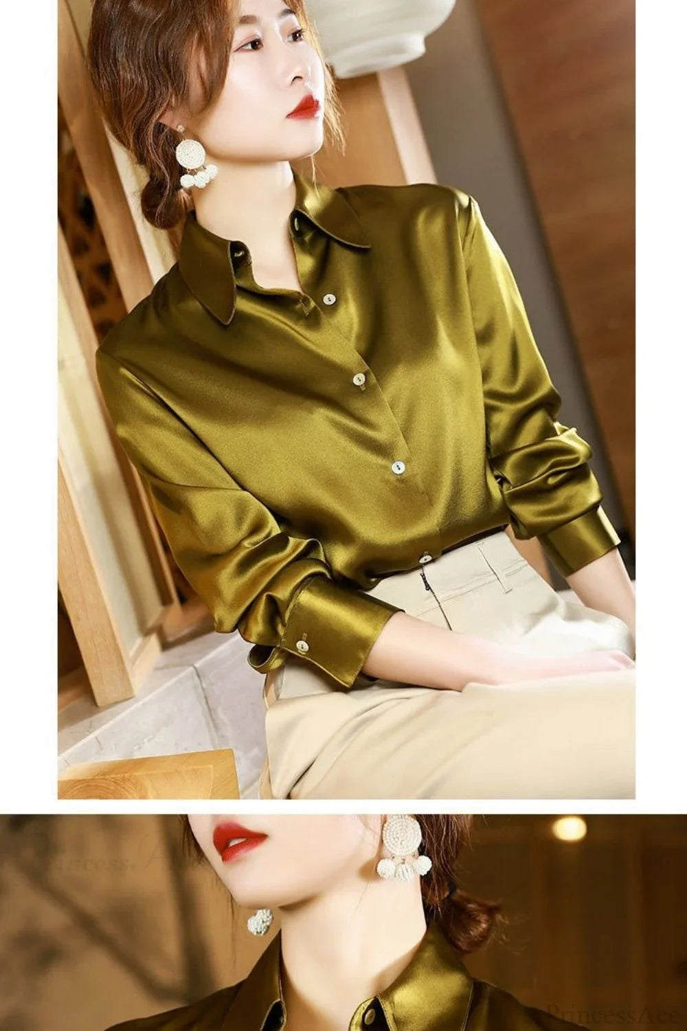 Button Satin - Women's Blouse Silk Luxury Office Crepe Up Elegant Top image 18