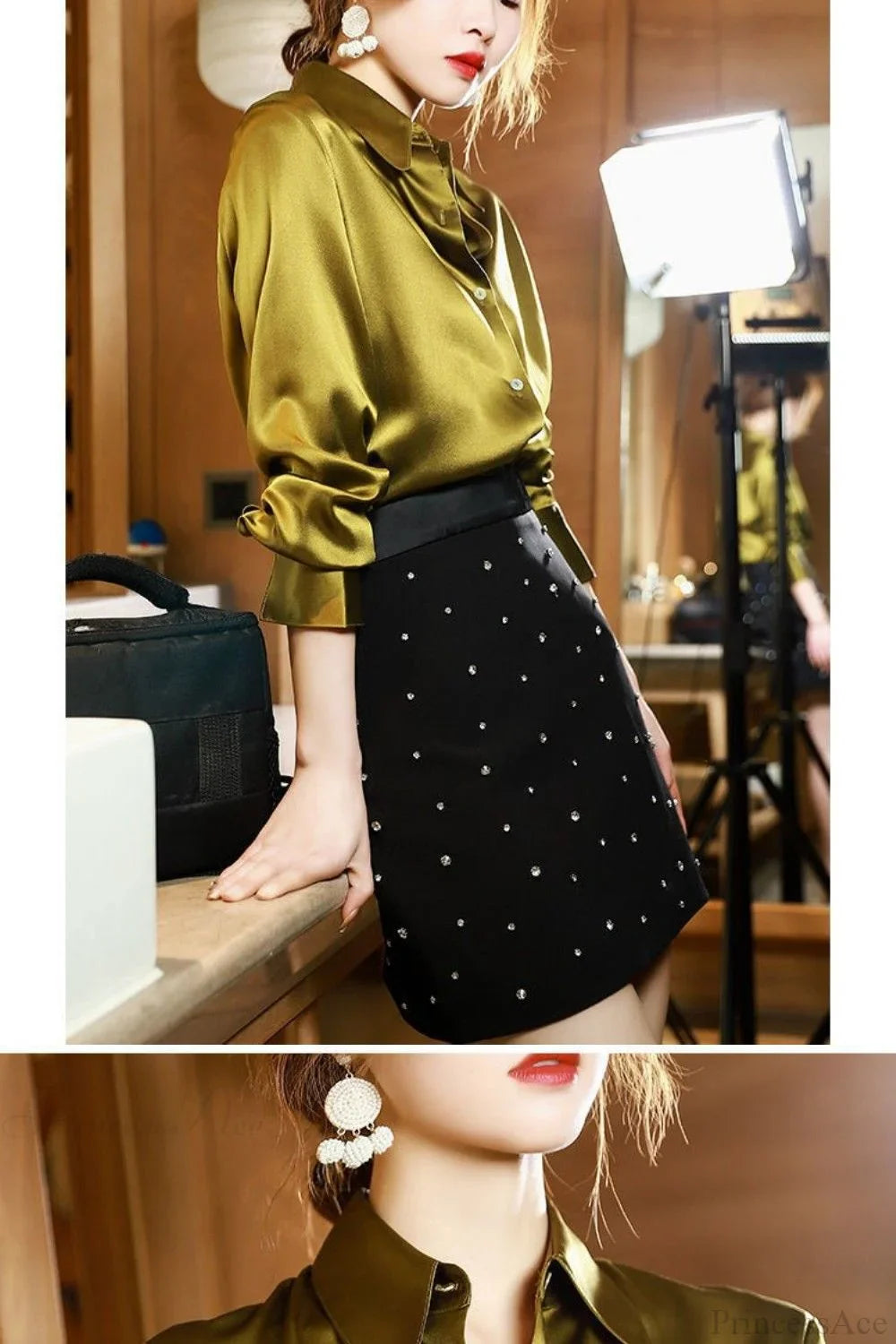Button Satin - Women's Blouse Silk Luxury Office Crepe Up Elegant Top image 21