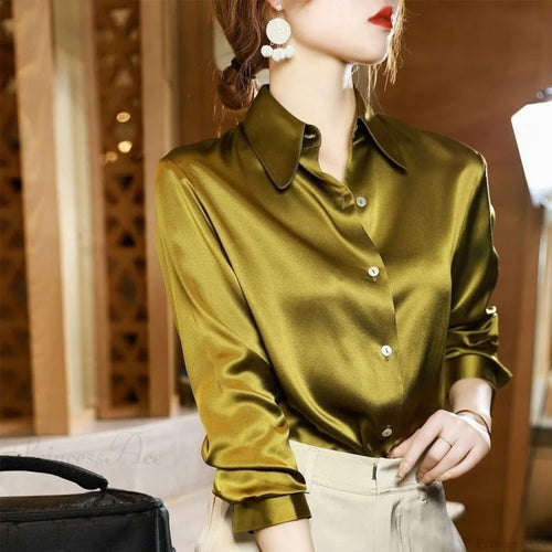 Button Satin - Women's Blouse Silk Luxury Office Crepe Up Elegant Top image 1
