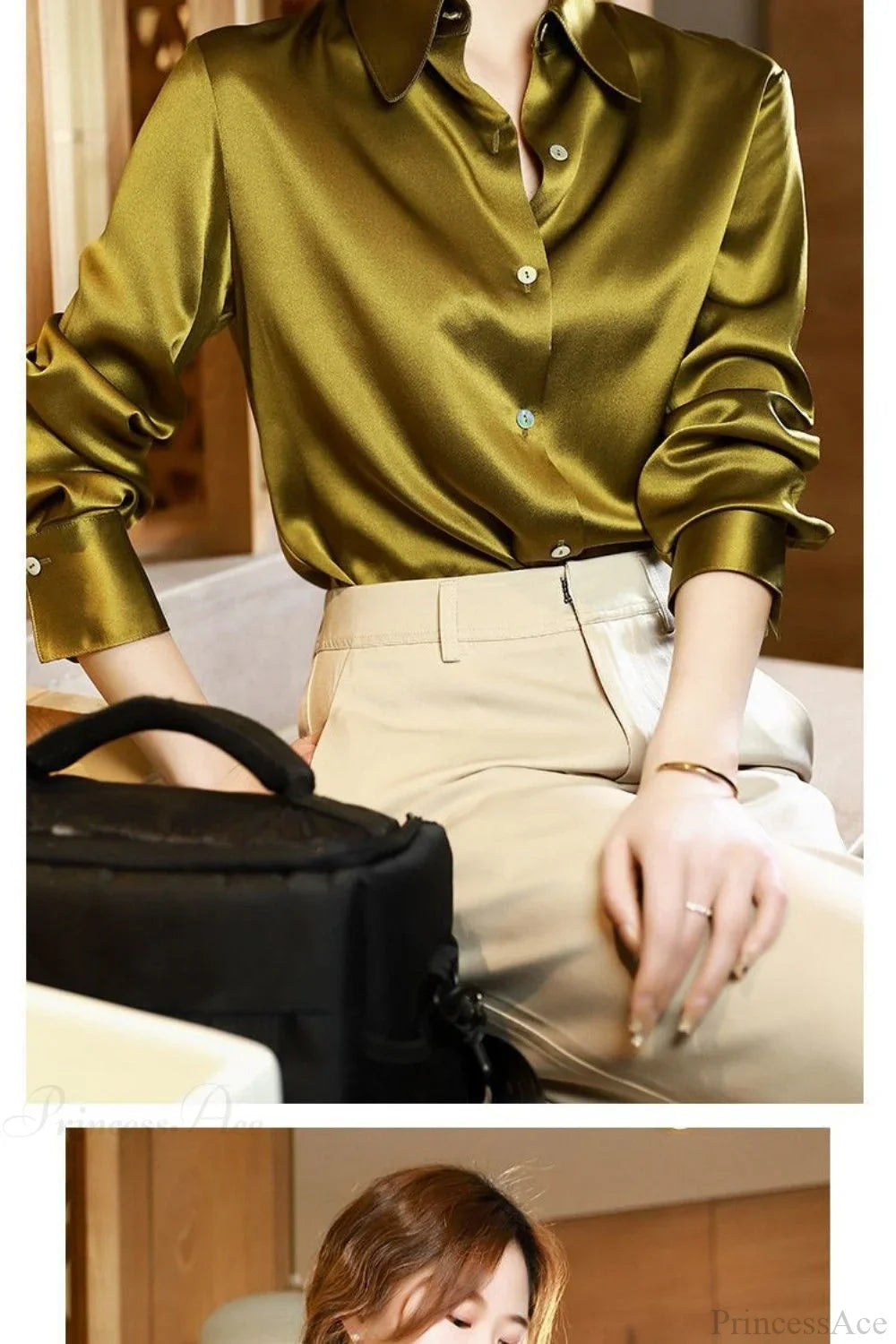 Button Satin - Women's Blouse Silk Luxury Office Crepe Up Elegant Top image 20
