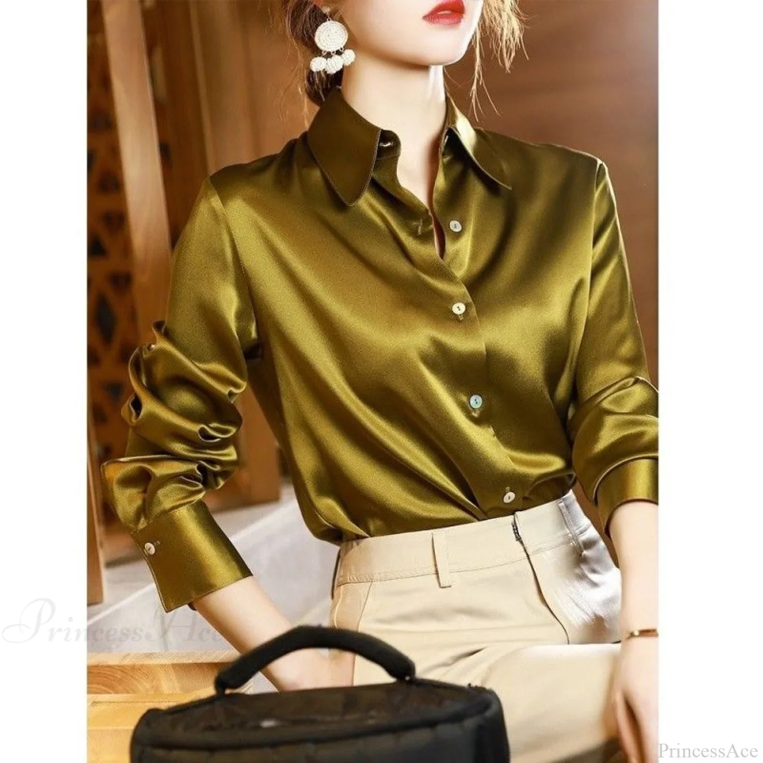 Button Satin - Women's Blouse Silk Luxury Office Crepe Up Elegant Top image 4