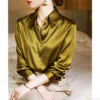 Button Satin - Women's Blouse Silk Luxury Office Crepe Up Elegant Top image 3