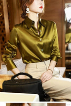 Button Satin - Women's Blouse Silk Luxury Office Crepe Up Elegant Top image 17