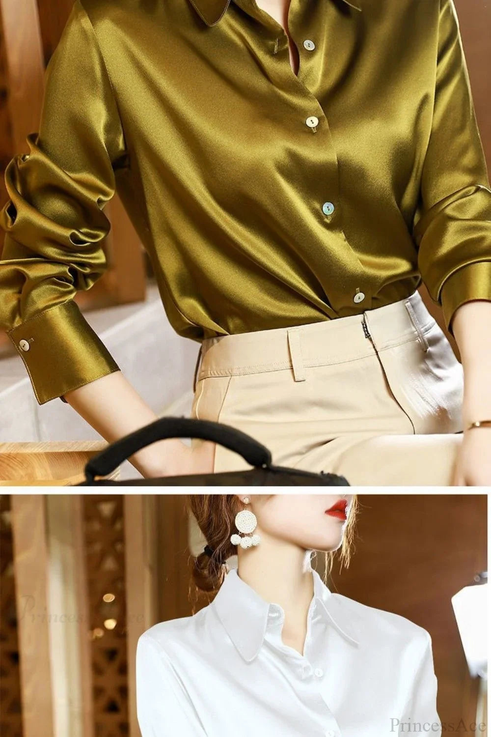 Button Satin - Women's Blouse Silk Luxury Office Crepe Up Elegant Top image 22