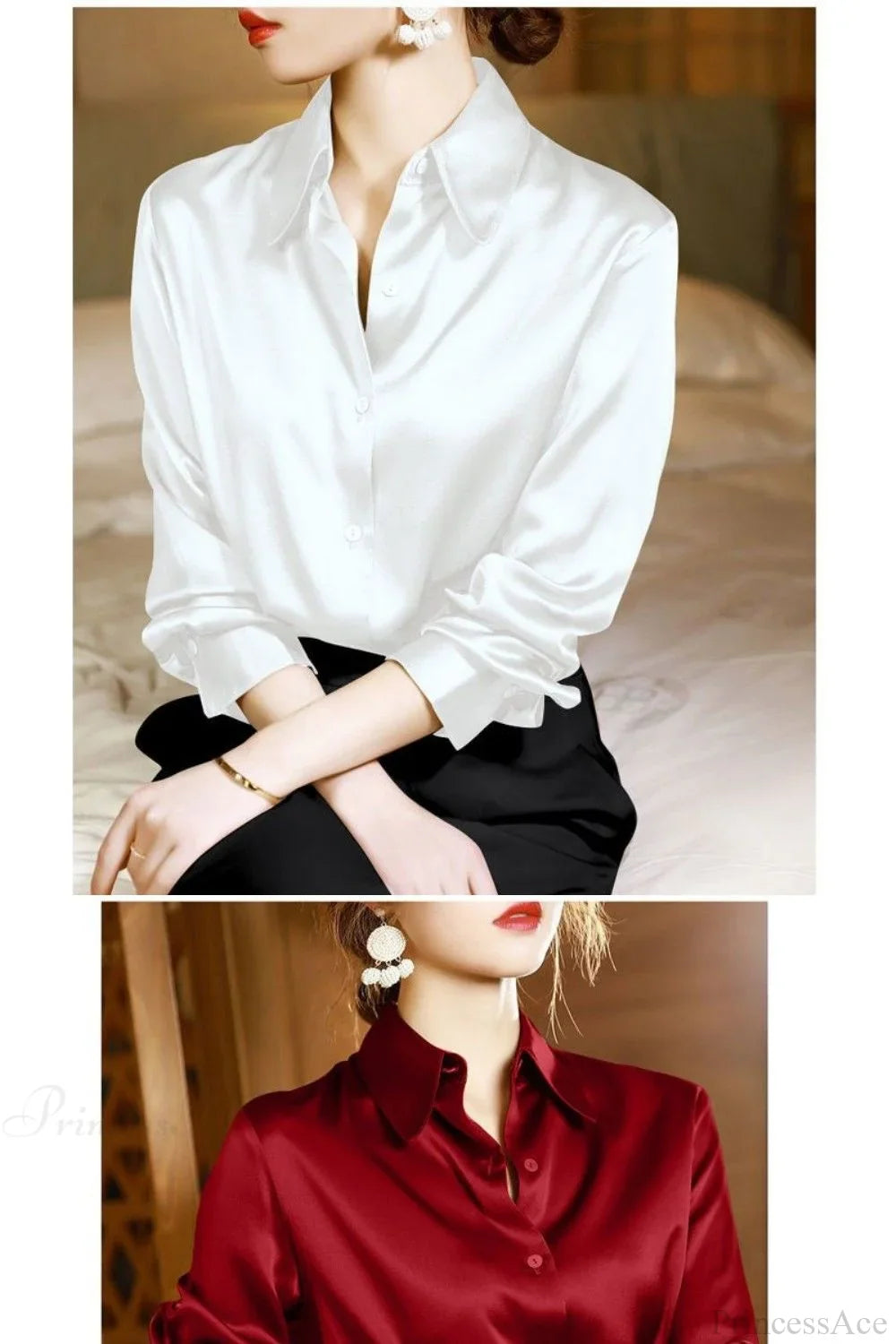 Button Satin - Women's Blouse Silk Luxury Office Crepe Up Elegant Top image 24