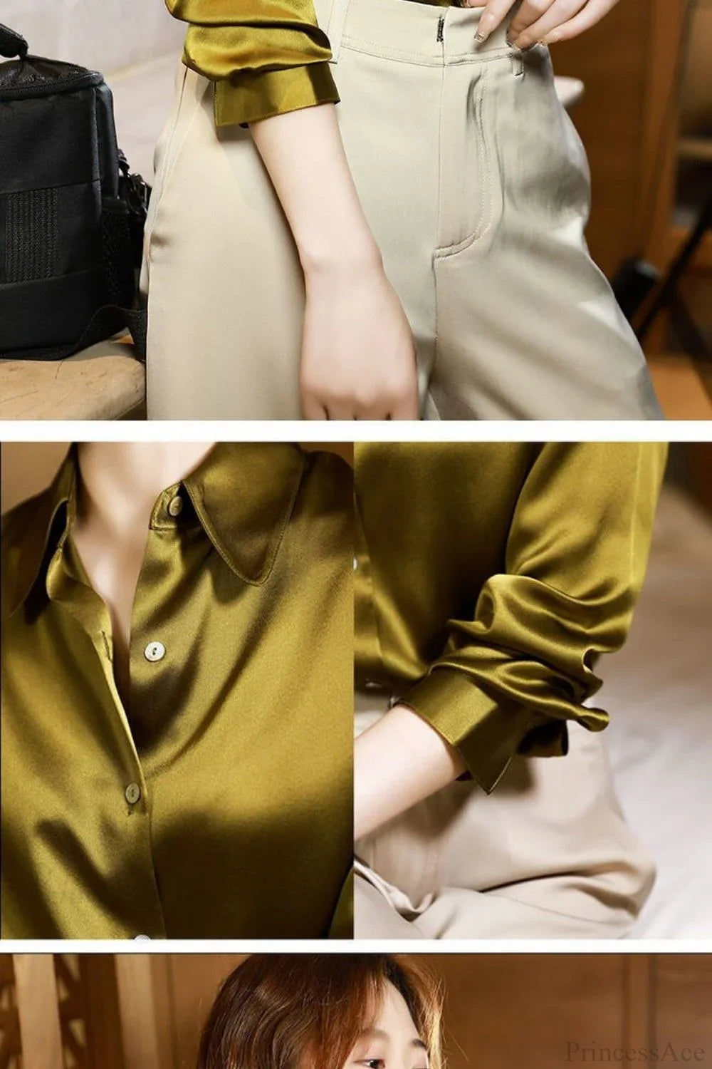 Button Satin - Women's Blouse Silk Luxury Office Crepe Up Elegant Top image 16