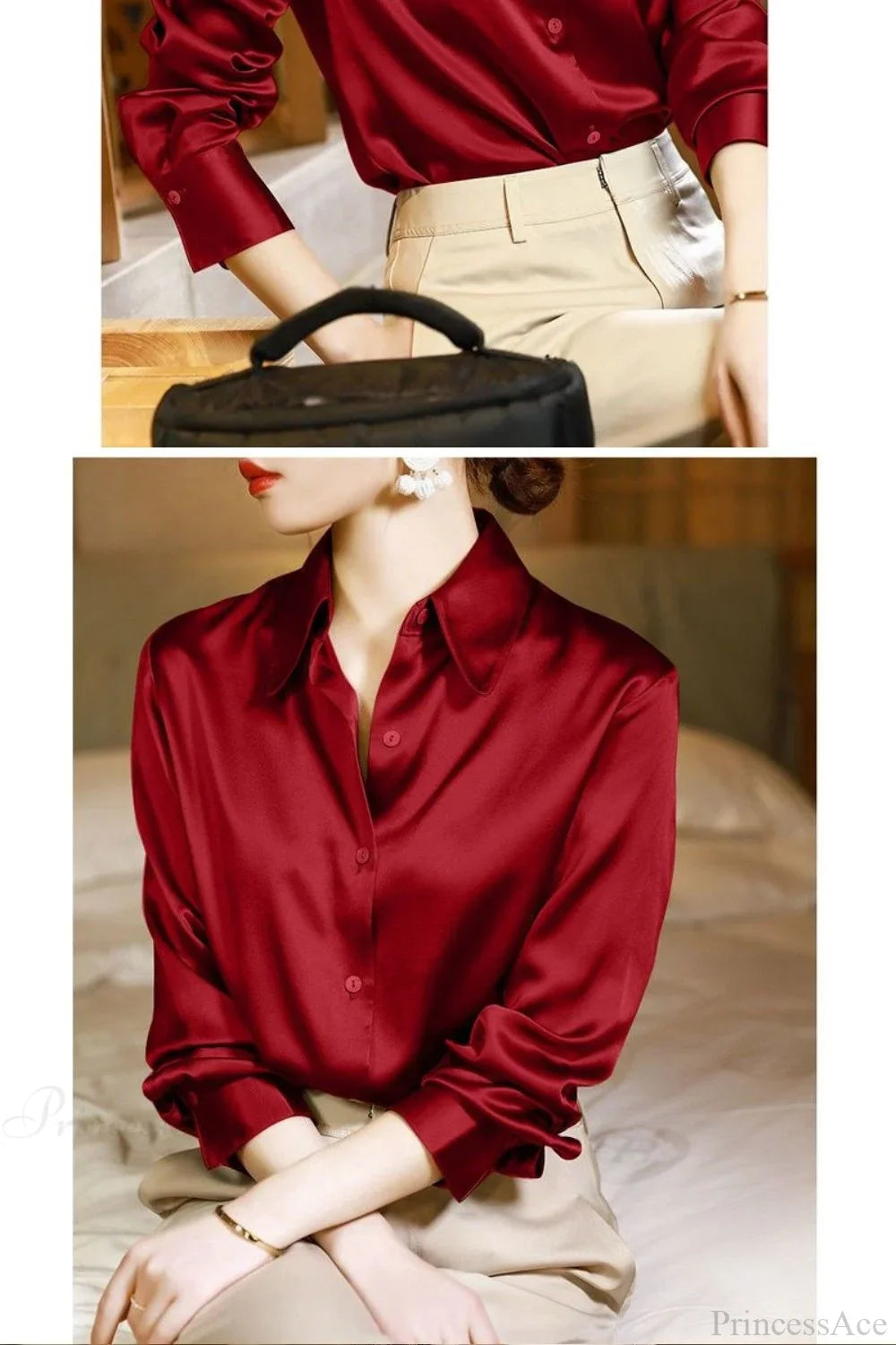 Button Satin - Women's Blouse Silk Luxury Office Crepe Up Elegant Top image 25