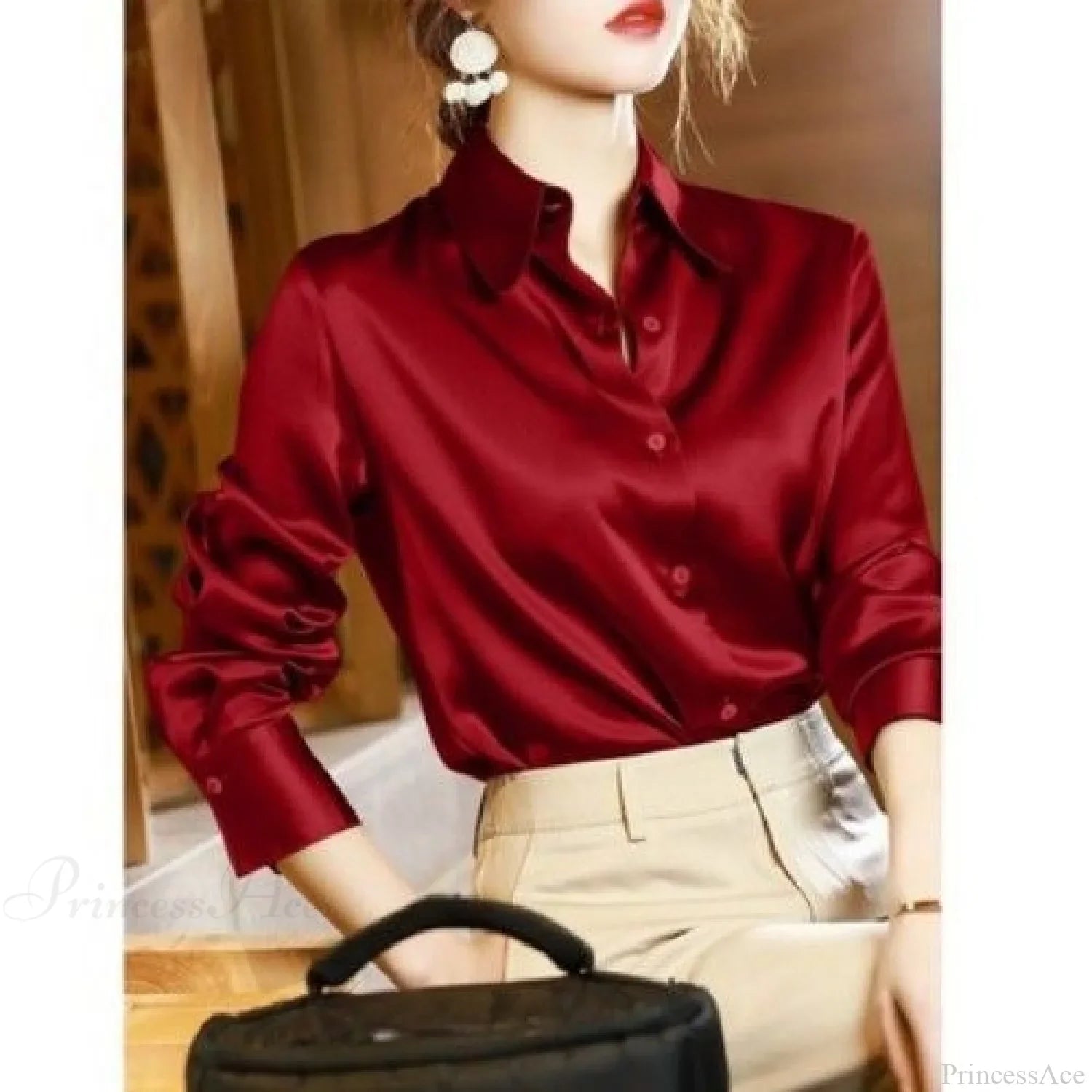 Button Satin - Women's Blouse Silk Luxury Office Crepe Up Elegant Top image 6