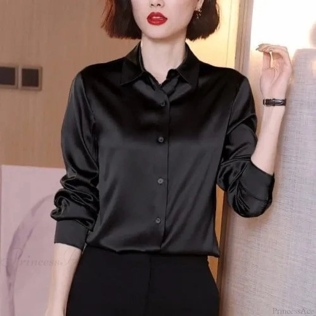 Button Satin - Women's Blouse Silk Luxury Office Crepe Up Elegant Top image 7
