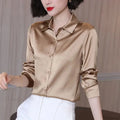 Button Satin - Women's Blouse Silk Luxury Office Crepe Up Elegant Top image 5