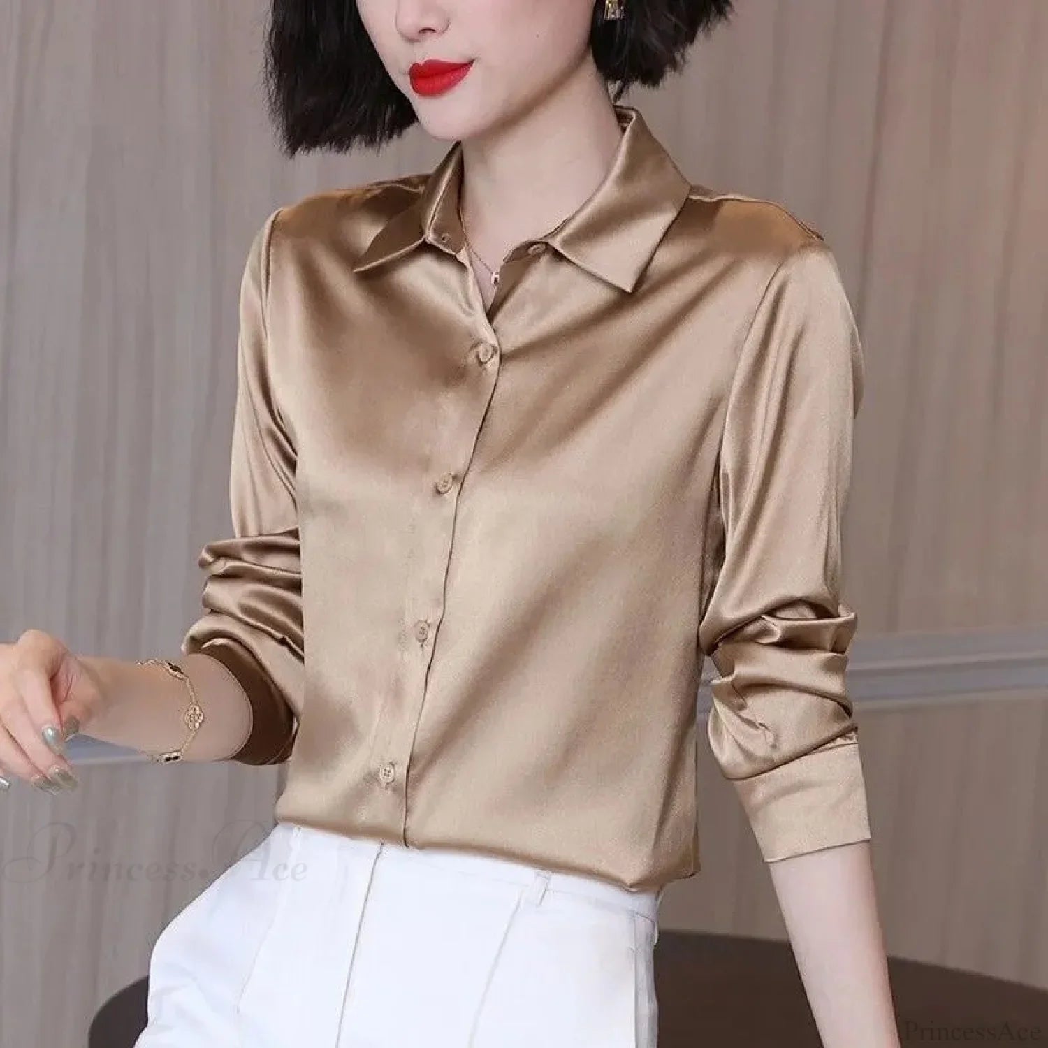 Button Satin - Women's Blouse Silk Luxury Office Crepe Up Elegant Top image 5