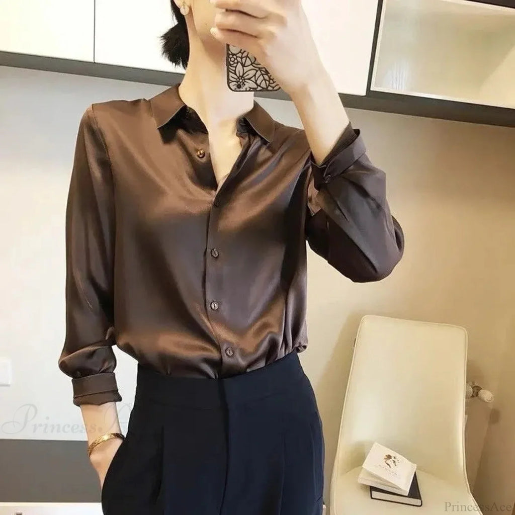 Button Satin - Women's Blouse Silk Luxury Office Crepe Up Elegant Top image 15