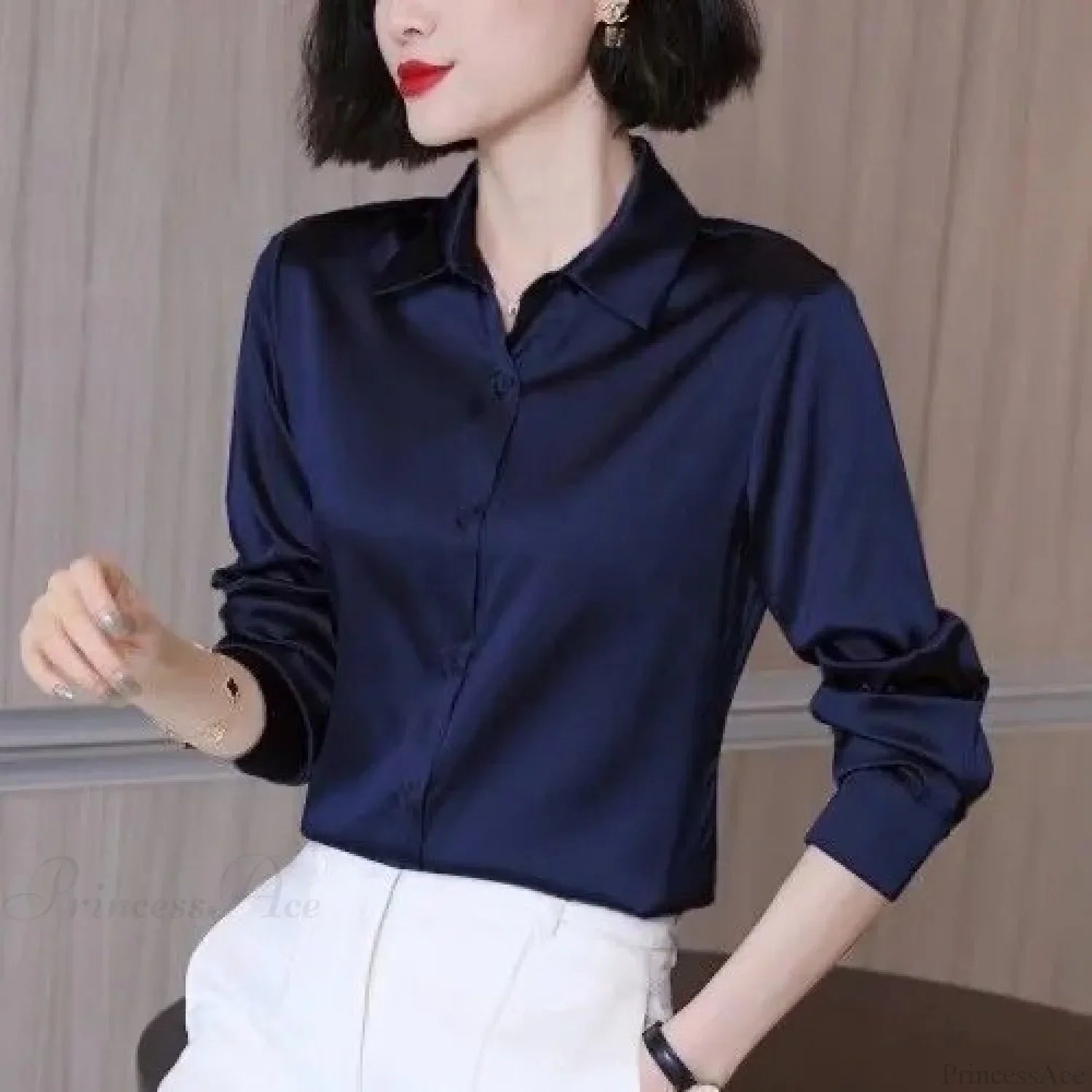 Button Satin - Women's Blouse Silk Luxury Office Crepe Up Elegant Top image 9