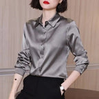 Button Satin - Women's Blouse Silk Luxury Office Crepe Up Elegant Top image 8