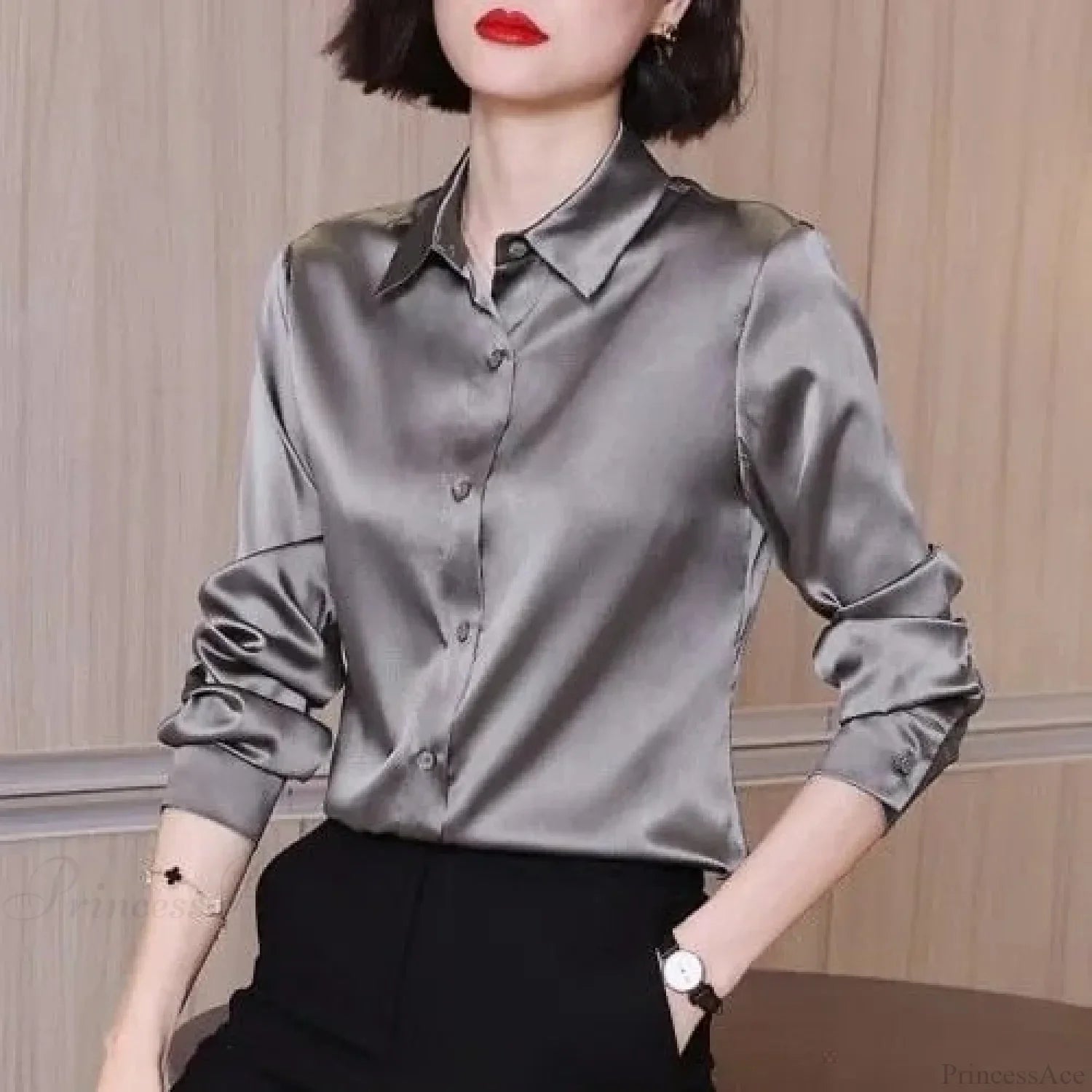 Button Satin - Women's Blouse Silk Luxury Office Crepe Up Elegant Top image 8
