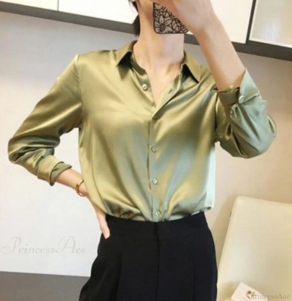 Button Satin - Women's Blouse Silk Luxury Office Crepe Up Elegant Top image 14