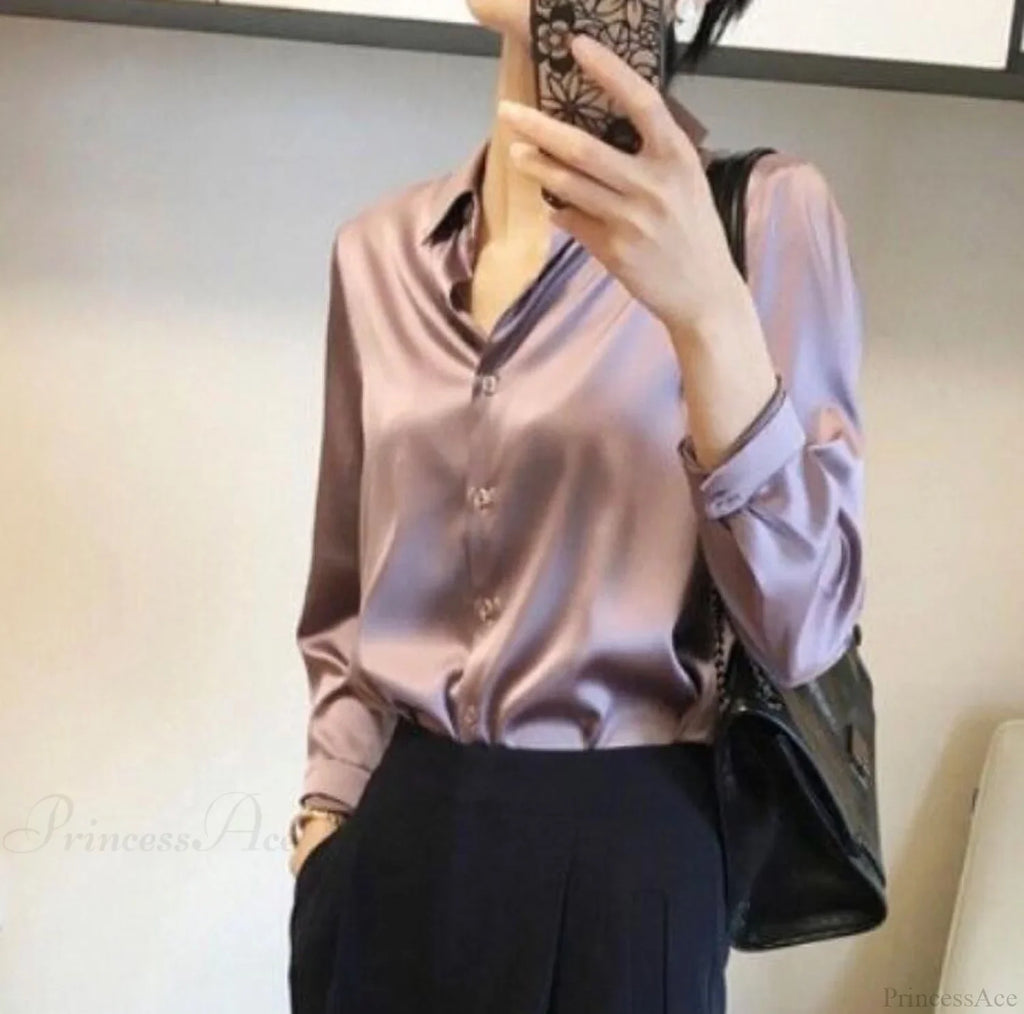 Button Satin - Women's Blouse Silk Luxury Office Crepe Up Elegant Top image 12
