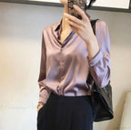 Button Satin - Women's Blouse Silk Luxury Office Crepe Up Elegant Top image 12