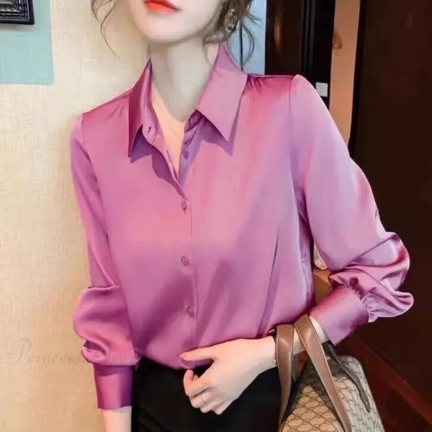 Button Satin - Women's Blouse Silk Luxury Office Crepe Up Elegant Top image 10