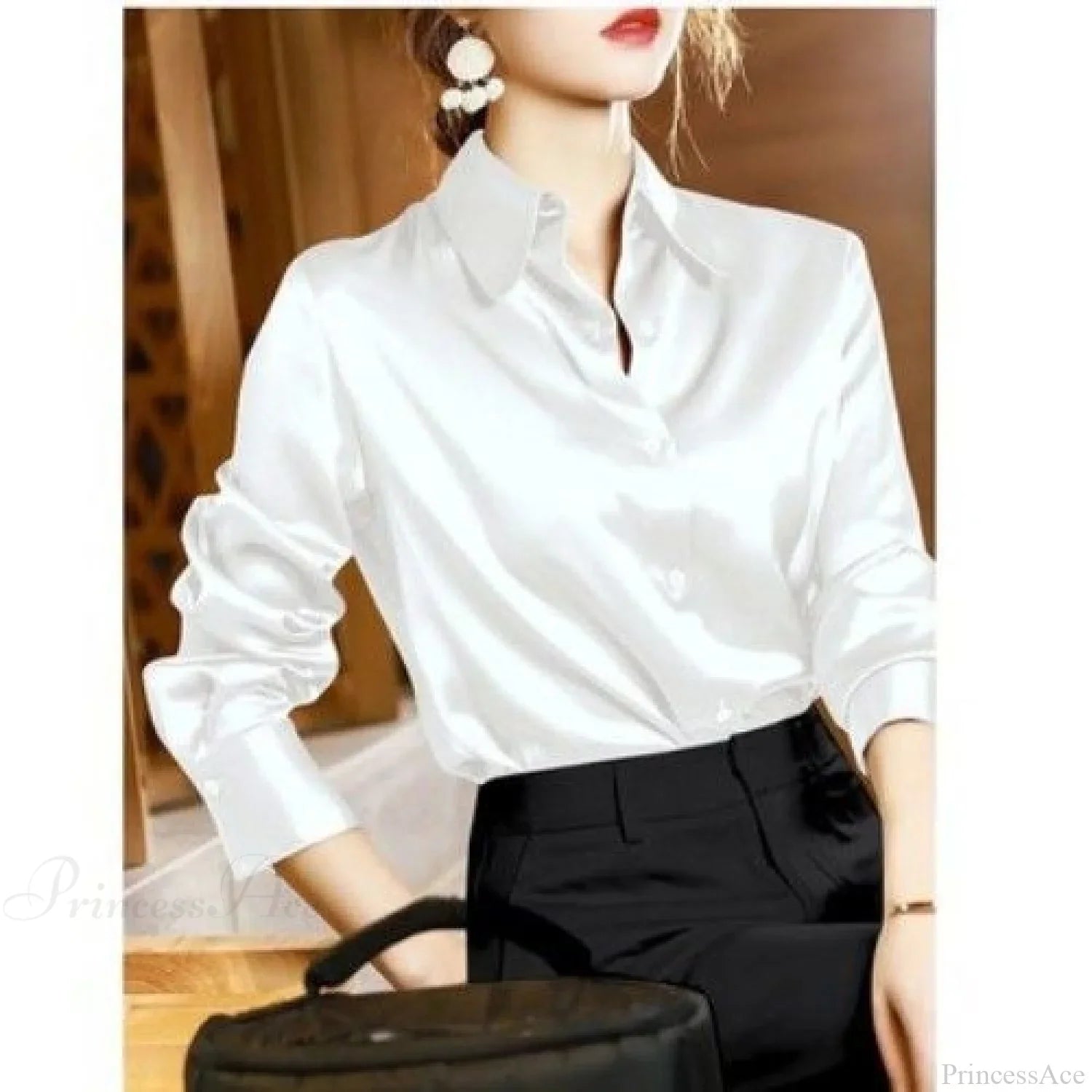 Button Satin - Women's Blouse Silk Luxury Office Crepe Up Elegant Top image 11