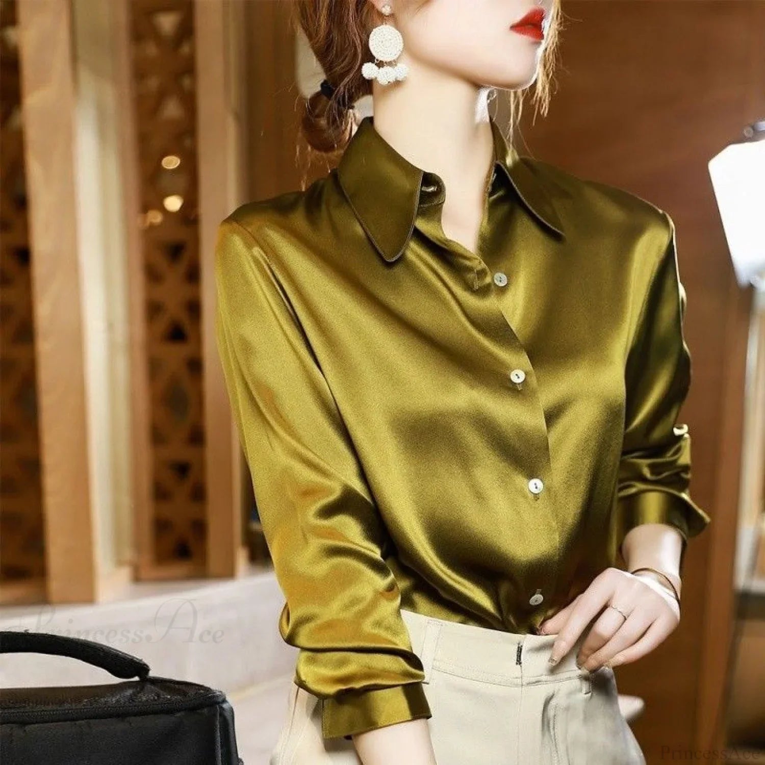 Button Satin - Women's Blouse Silk Luxury Office Crepe Up Elegant Top image 13