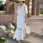 Button Up Embroidery Lantern Sleeve Cotton Boho Dress image 5