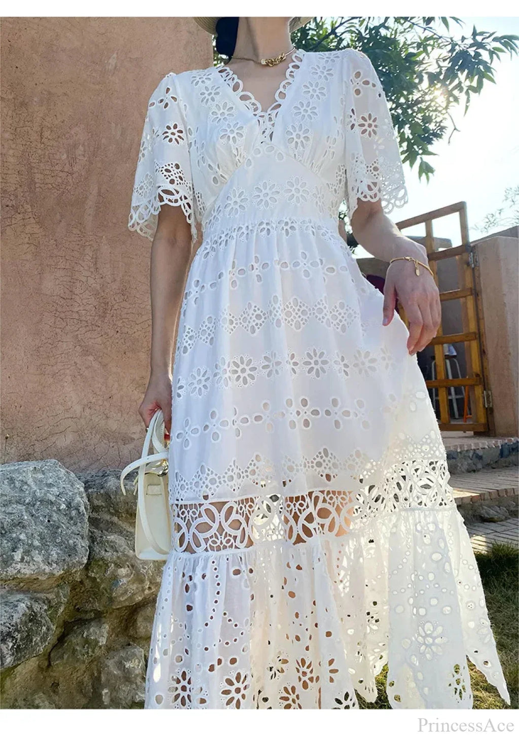Button Up Embroidery Lantern Sleeve Cotton Boho Dress image 2