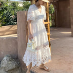 Button Up Embroidery Lantern Sleeve Cotton Boho Dress image 4