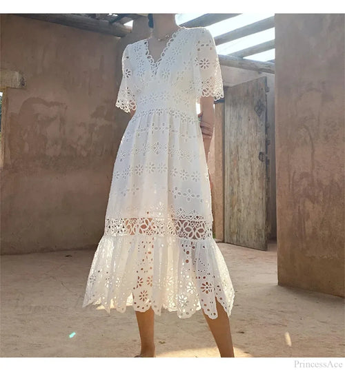Button Up Embroidery Lantern Sleeve Cotton Boho Dress image 1