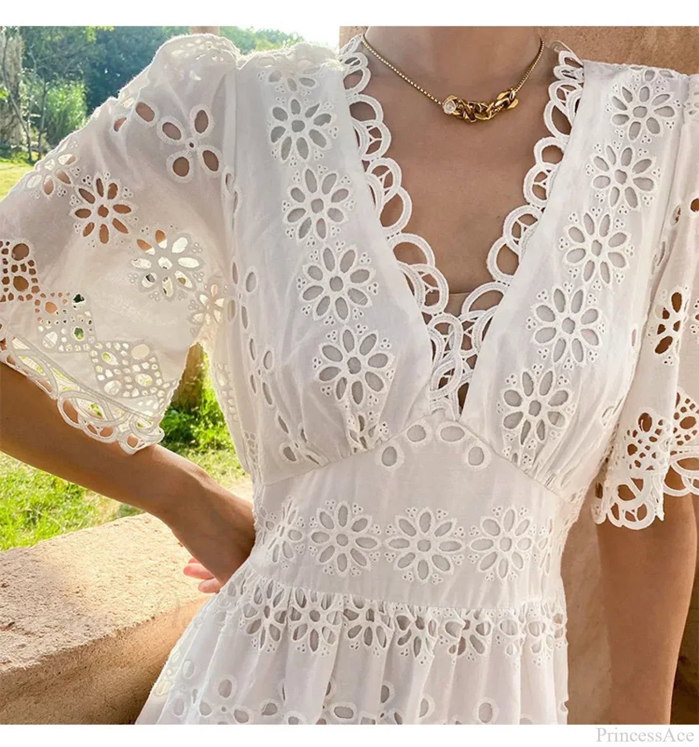Button Up Embroidery Lantern Sleeve Cotton Boho Dress image 6