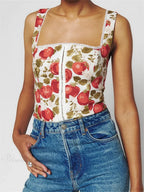 Button-up Square Neck Lace Floral Crop Top image 5