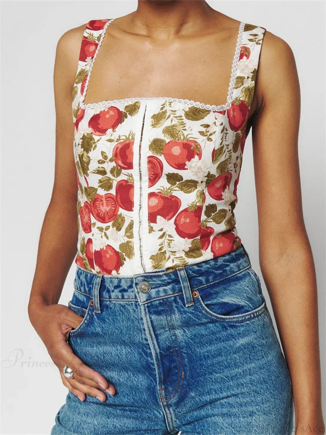 Button-up Square Neck Lace Floral Crop Top image 5