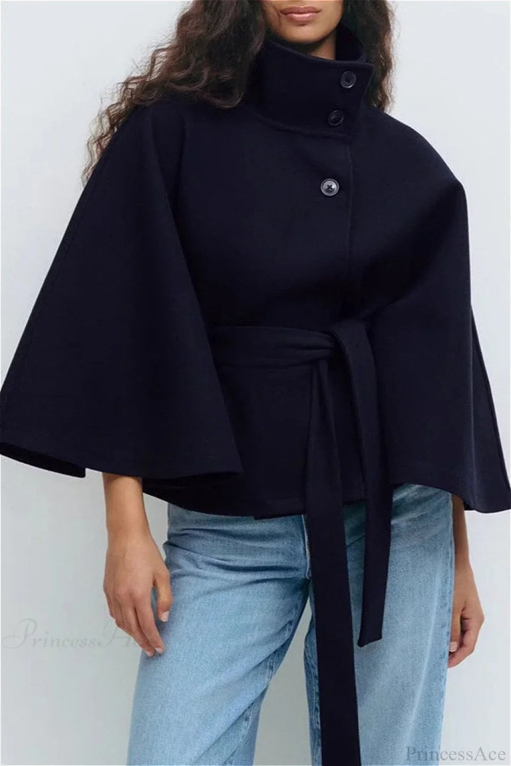 Button Up Stand Collar Cape Coat image 5