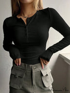 buttoned top U-neck long-sleeved knitted for women image 5